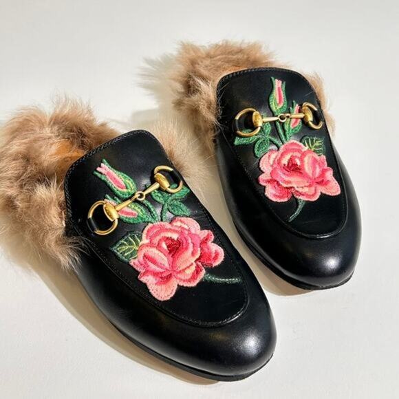 Gucci Fur Lined Embroidered Flower Horsebit Princetown Mules Michele Gigi Hadid - Picture 3 of 14